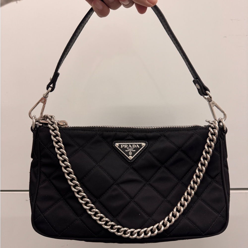 Prada Tessuto Impuntu Quilted Nylon Mini Shoulder Bag Crossbody Black Silver